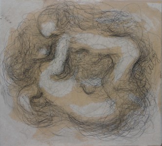 "Amants VI " mine de plomb, stylo bille, gouache et vernis sur papier marouflé sur carton              